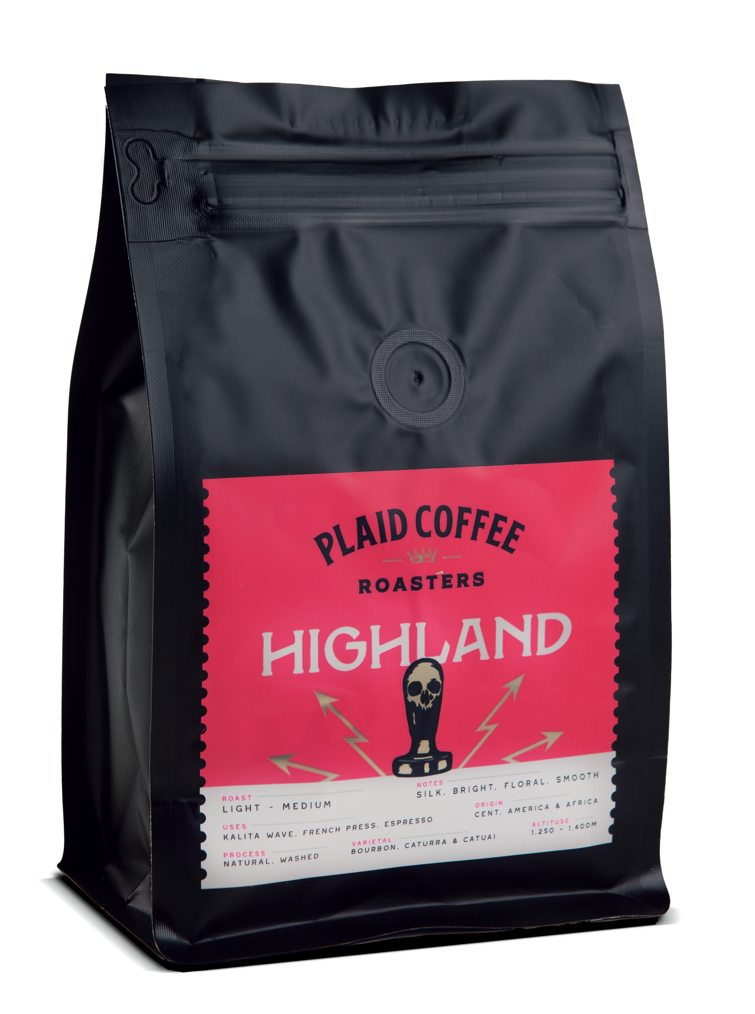 Plaid Coffee Highland roast bag, matte black with a coral label and Scottish thistle illustration