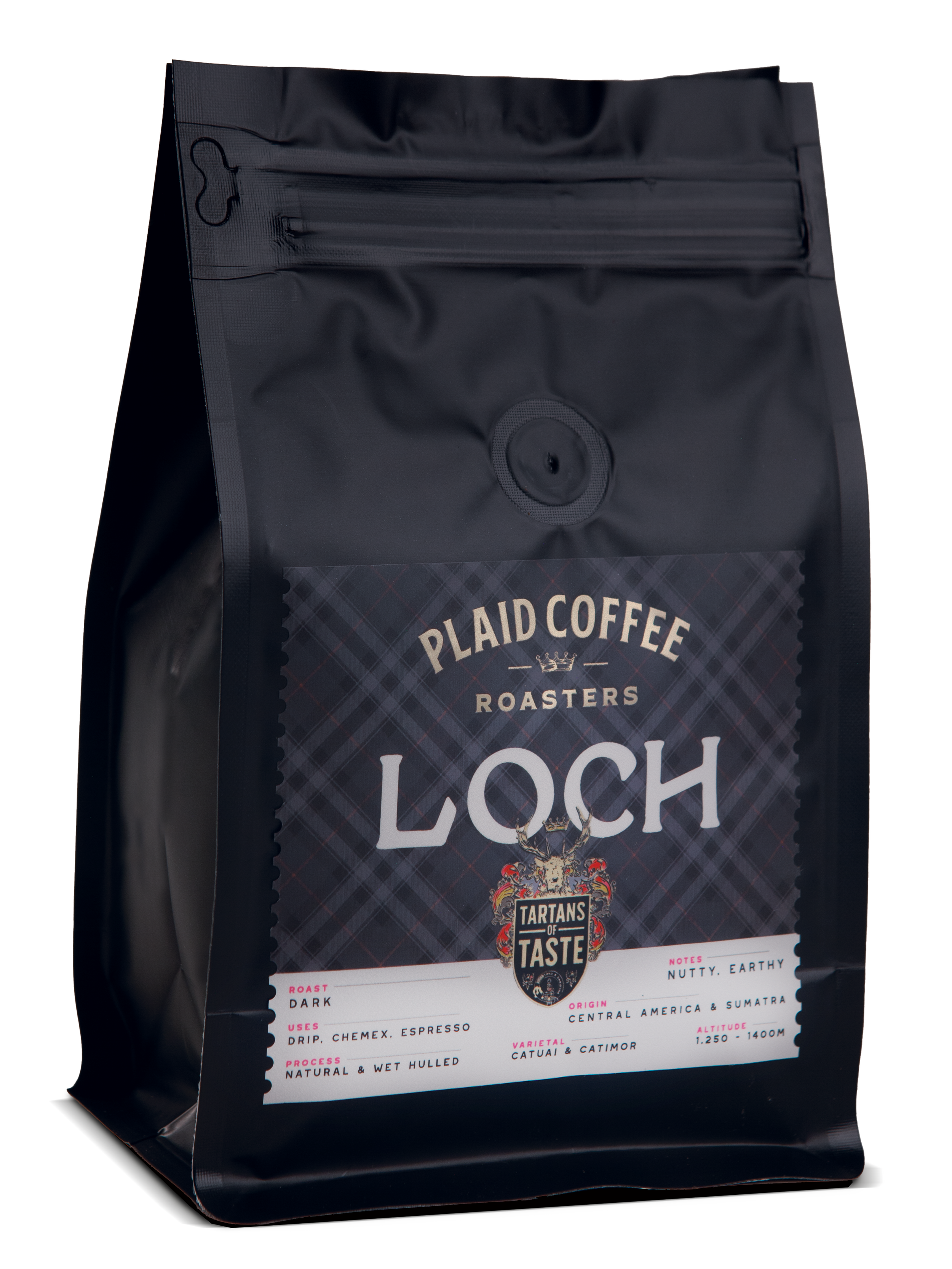 Plaid Coffee Loch dark roast bag, matte black with a dark label