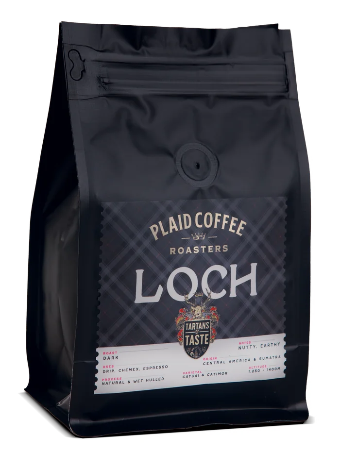 Plaid Coffee Loch dark roast bag, matte black with a dark label