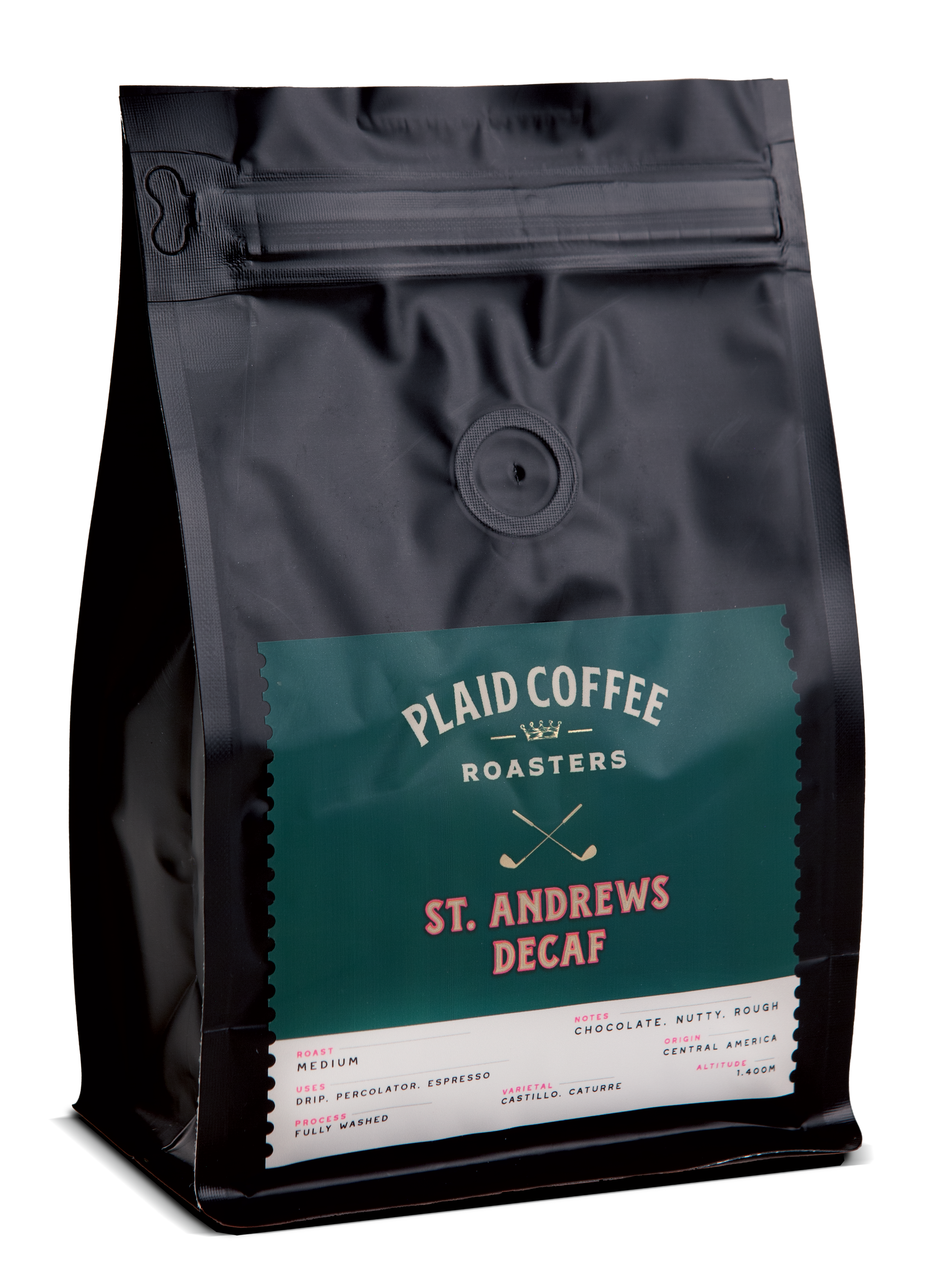 Plaid Coffee St. Andrews decaf medium roast bag
