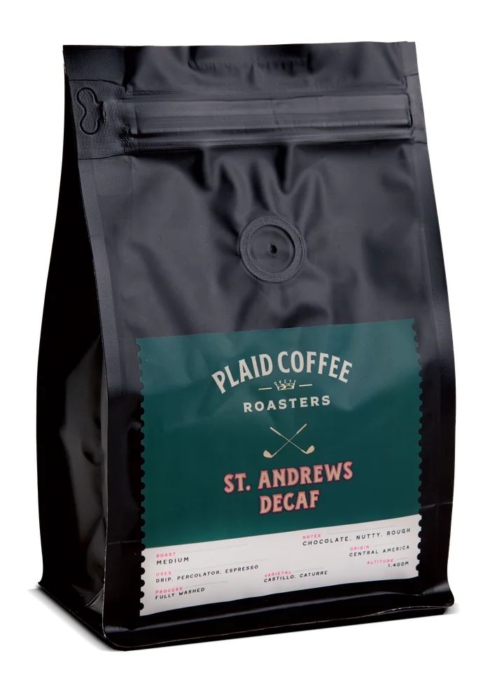 Plaid Coffee St. Andrews decaf medium roast bag