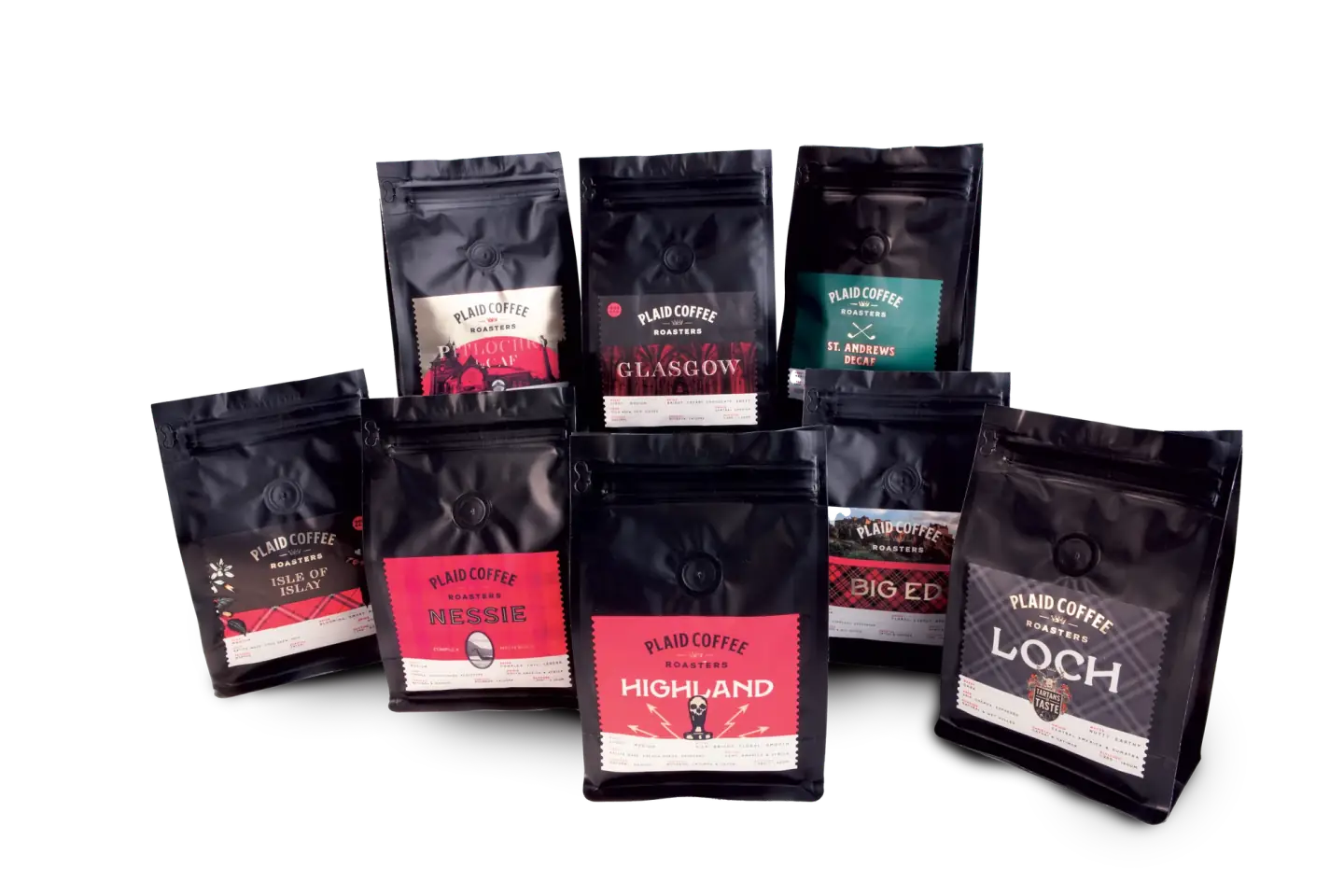 The full lineup of Plaid Coffee bags grouped together